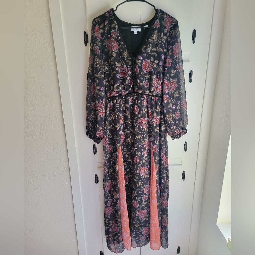 Anthropologie LAIA Ines Maxi Dress Black Floral Pleated Flare Sheath Small